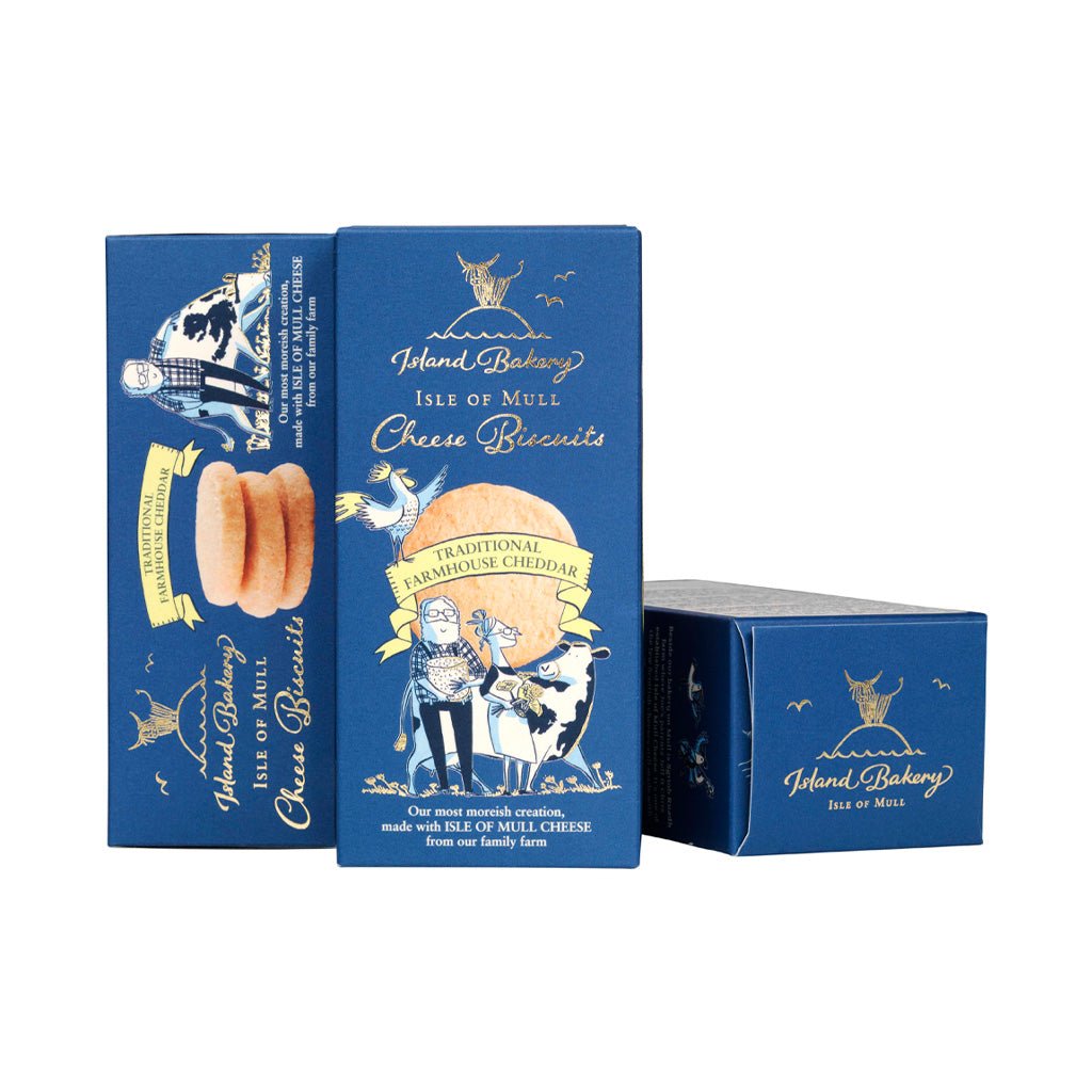 Three blue boxes of Island Bakery Cheese Biscuits on a plain white background.