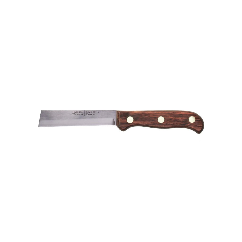 A Jackson Cannon bar knife with a wooden handle and brass rivets.
