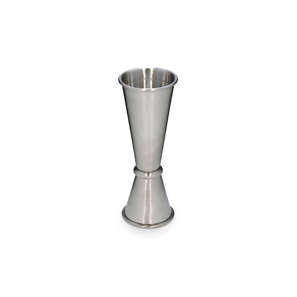 Stainless steel double ended cocktail jigger with 2oz side up on white background
