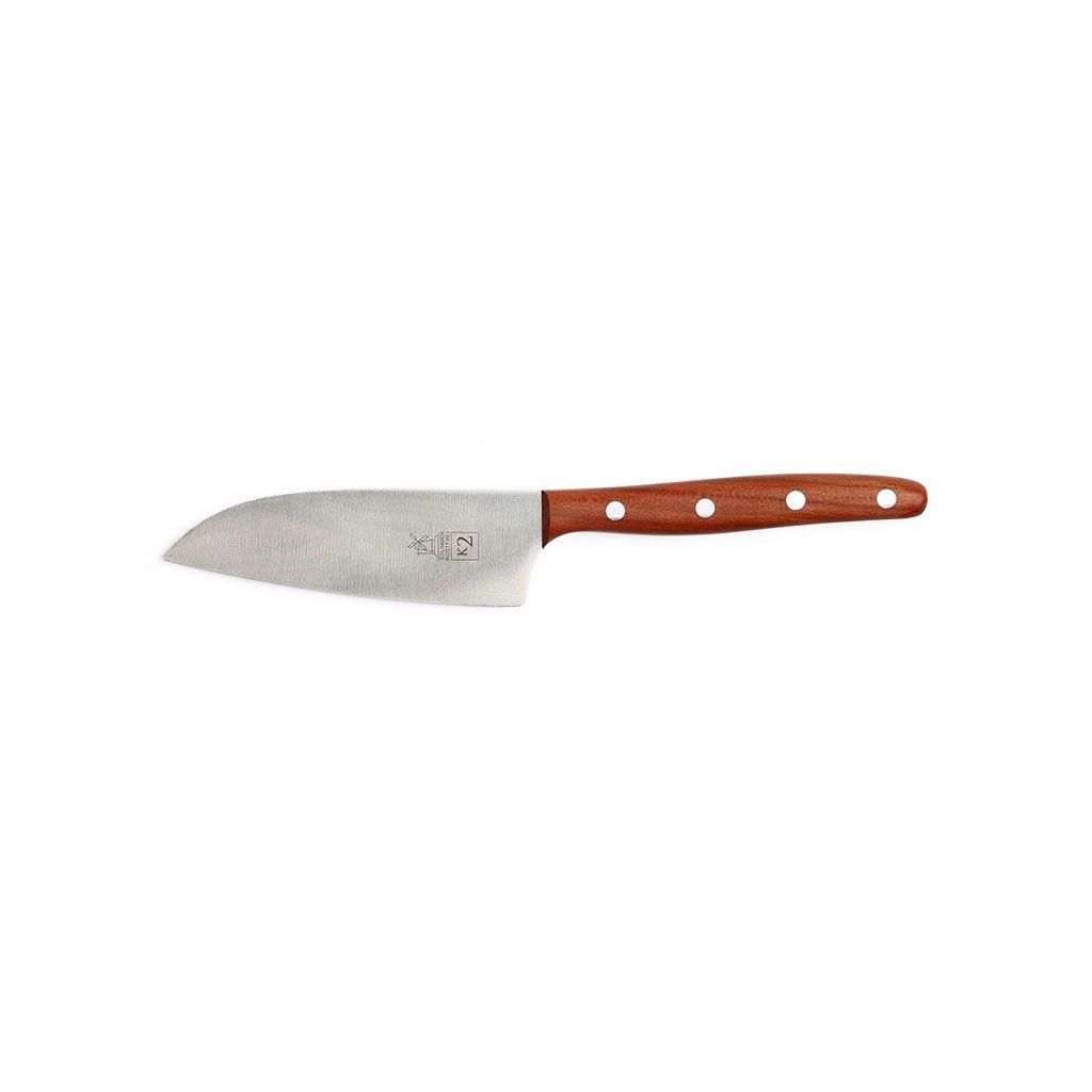 Small compact stainless steel chef's knife with plum wood handle on white background