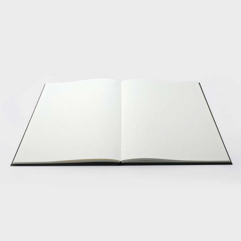 Open notebook with light gridded pages on a white background