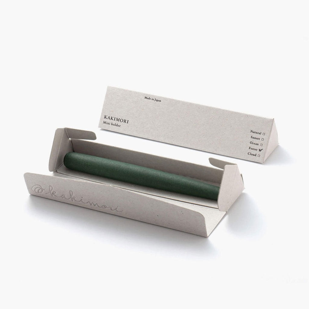 Kakimori green nib holder in grey cardboard box on a white background