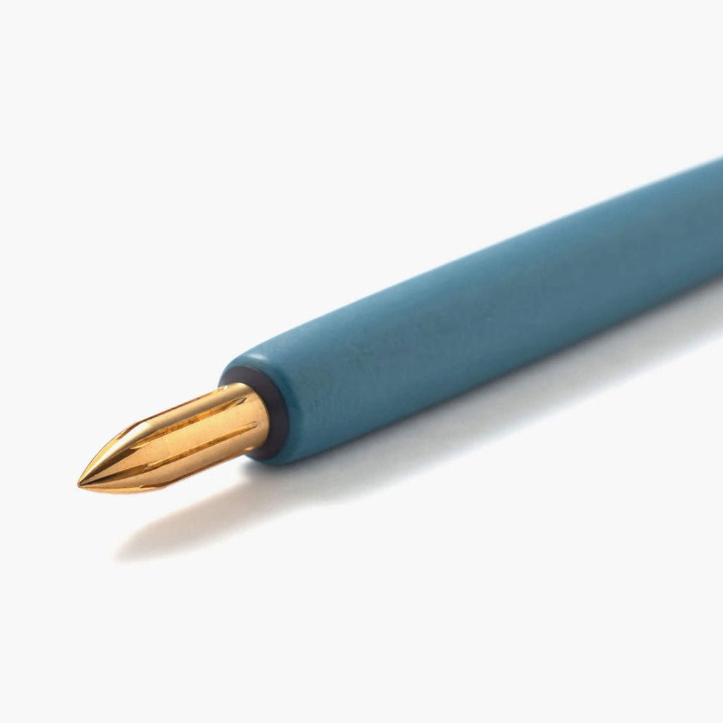 Blue pen with a gold nib on a white background