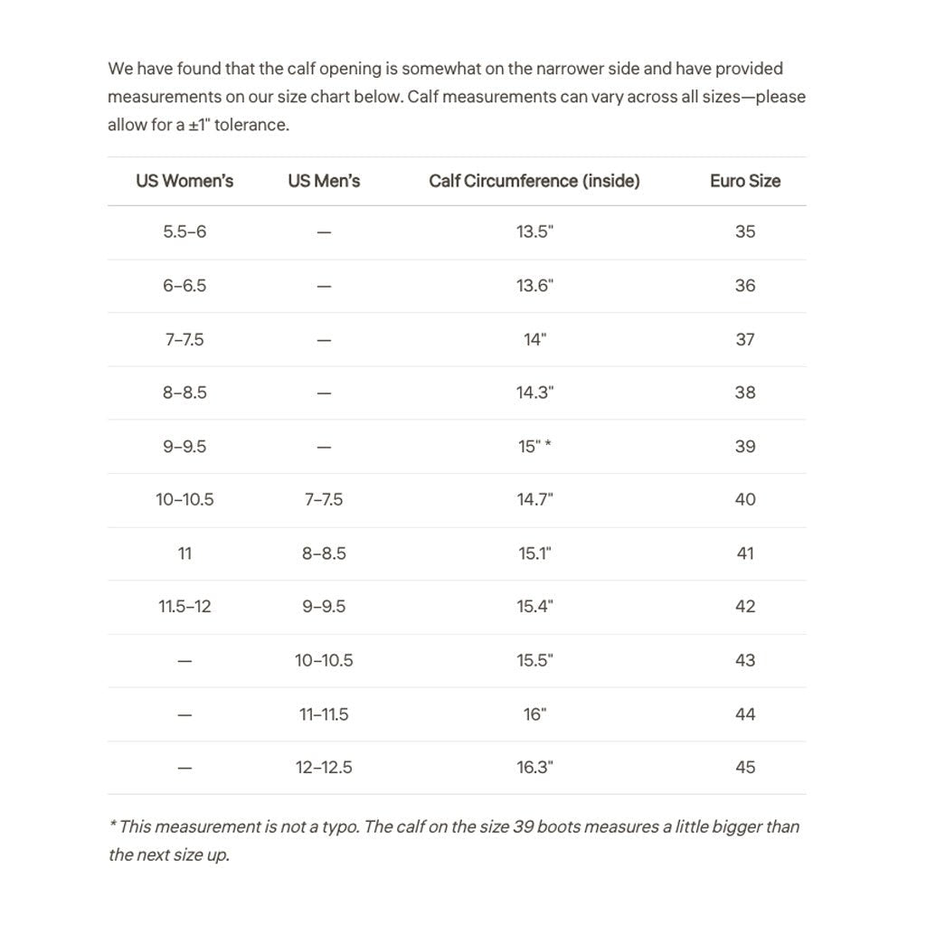 A size measurement chart for Wellington boots in US Women's, US Men's, and Euro sizes, with a table listing measurements and a note at the bottom.