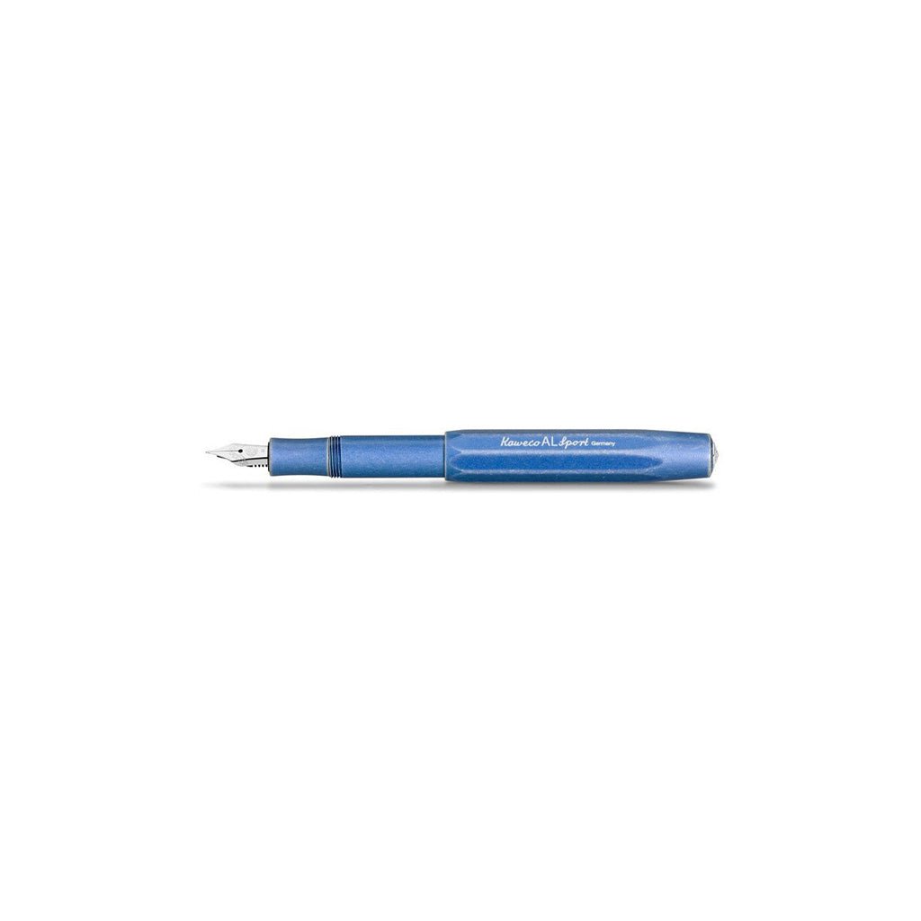 Blue fountain pen with distressed finish on a white background