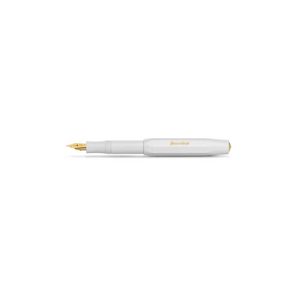 White pen with gold accents on a white background