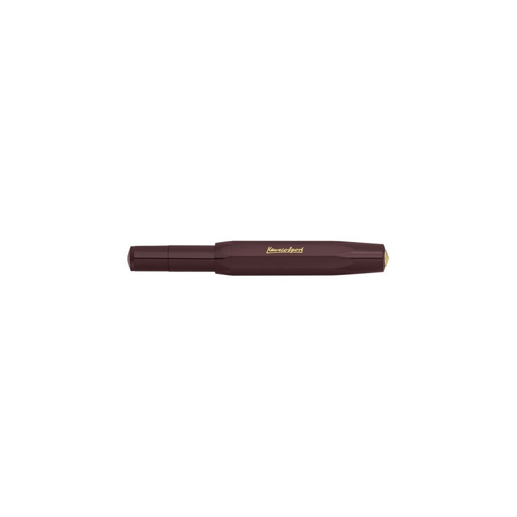 Maroon pen with gold logo on a white background