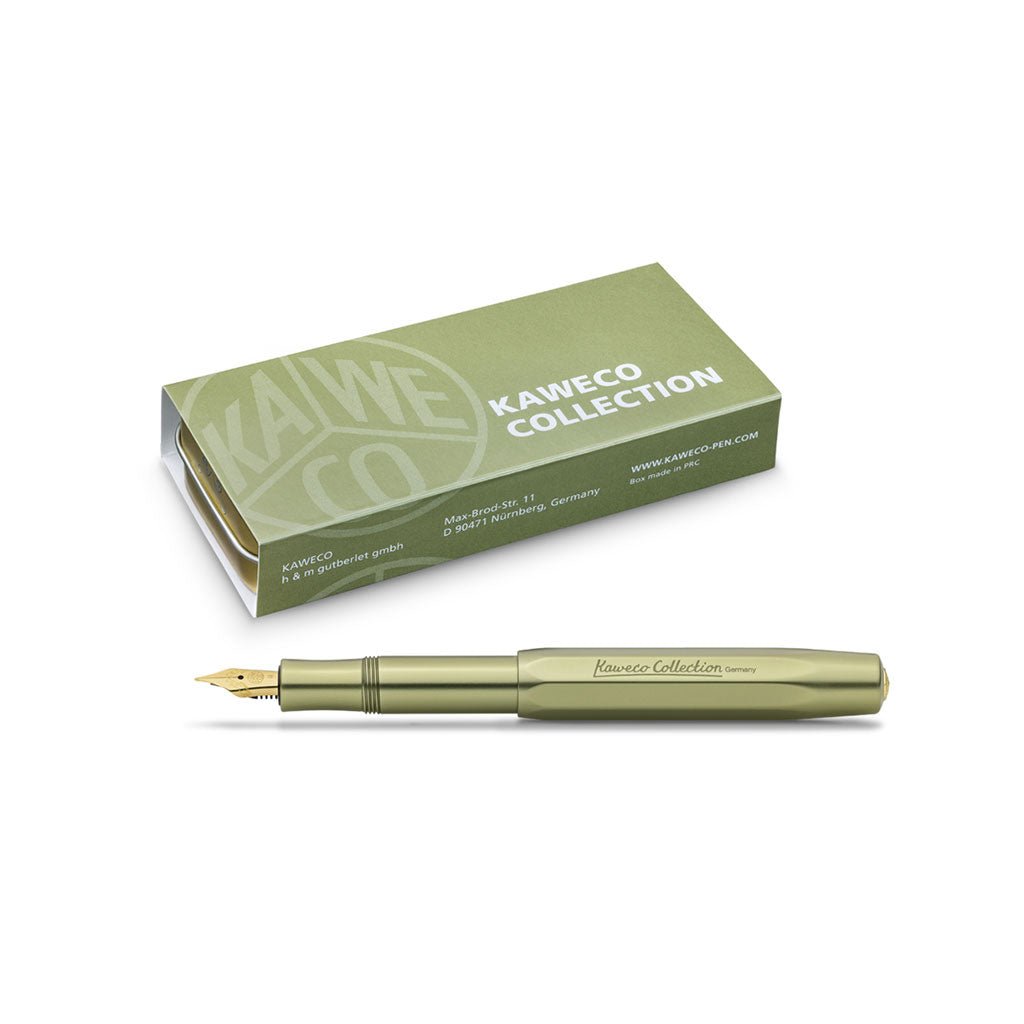 Olive green fountain pen with Kaweco box on a white background