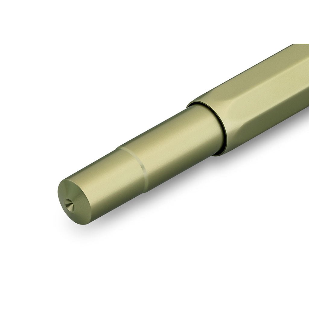 End of olive green fountain pen on white background