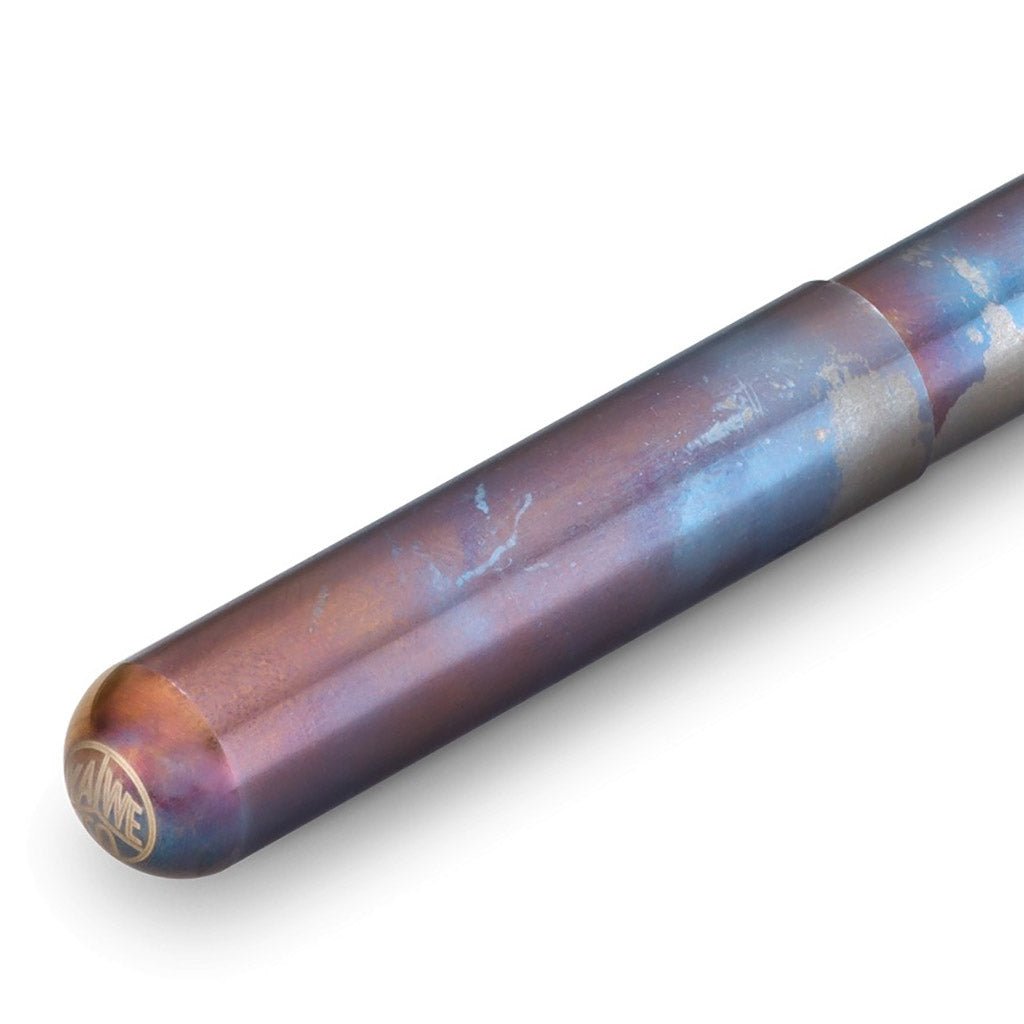 Close-up of a purple and blue pen with a brand logo on a white background