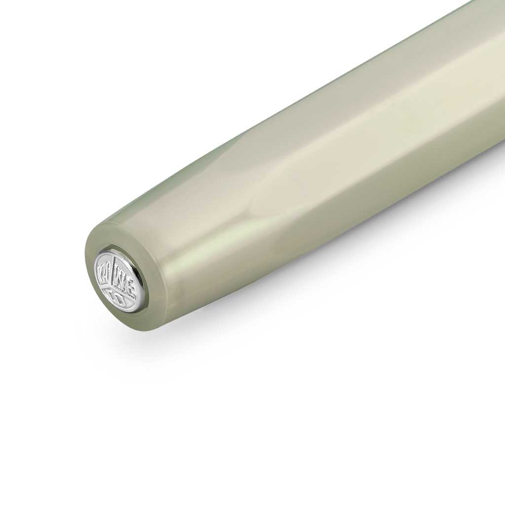 Back of light greenish white pen with silver accents on white background