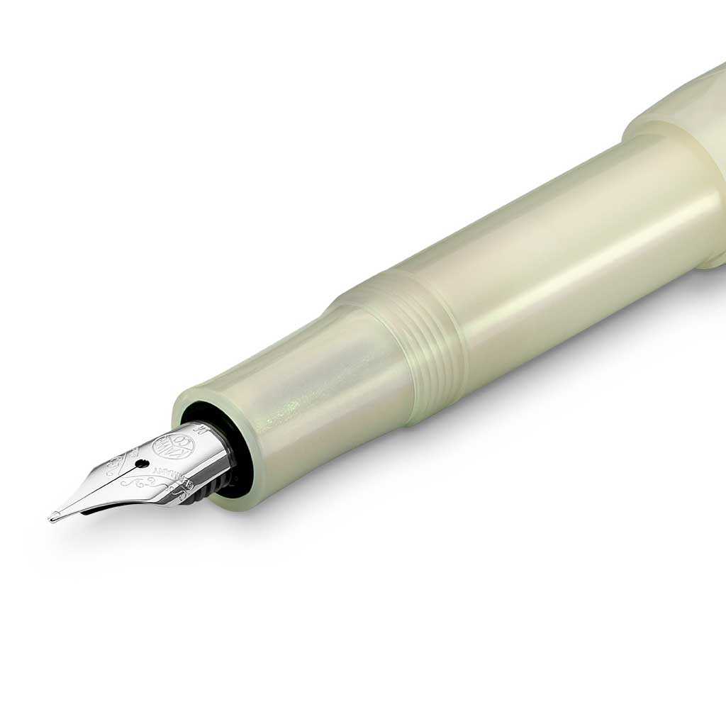 Light greenish white fountain pen with silver accents on white background