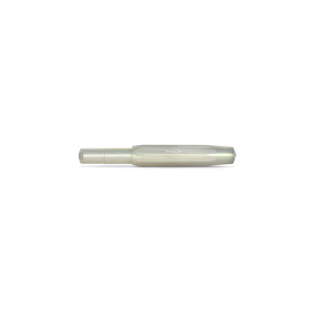 Light greenish white pen with silver accents closed on white background