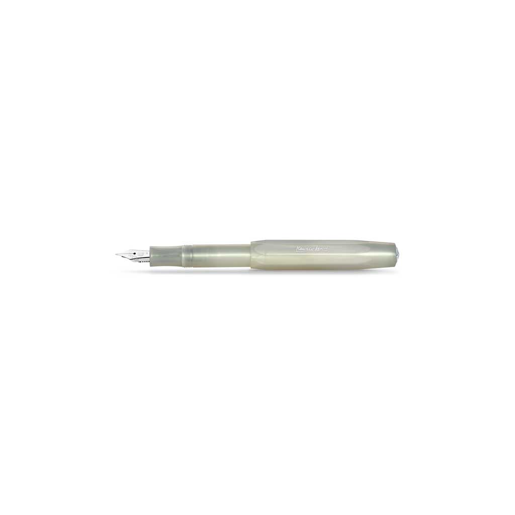 Light greenish white fountain pen with silver accents on white background