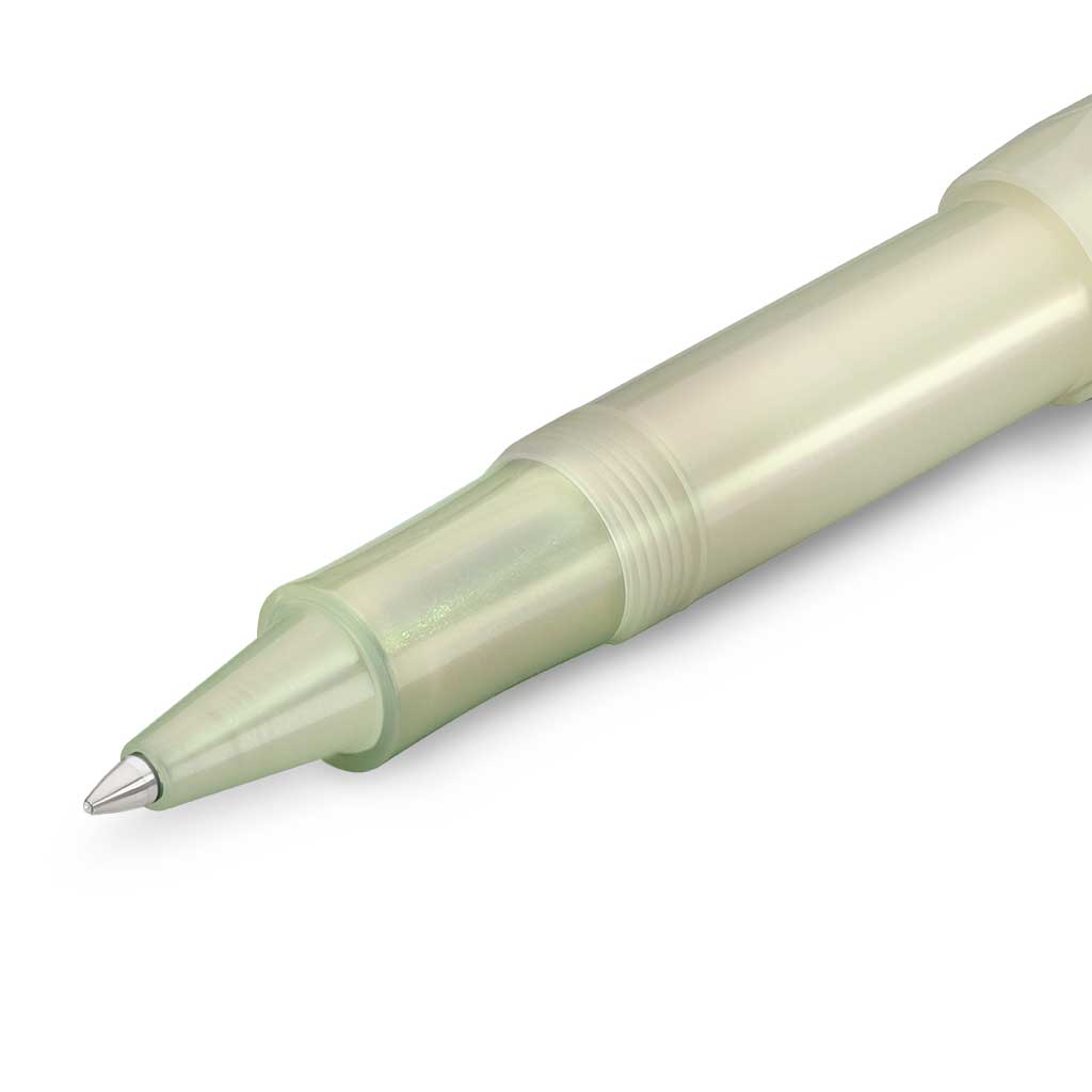 Light greenish white rollerball pen with silver accents on white background