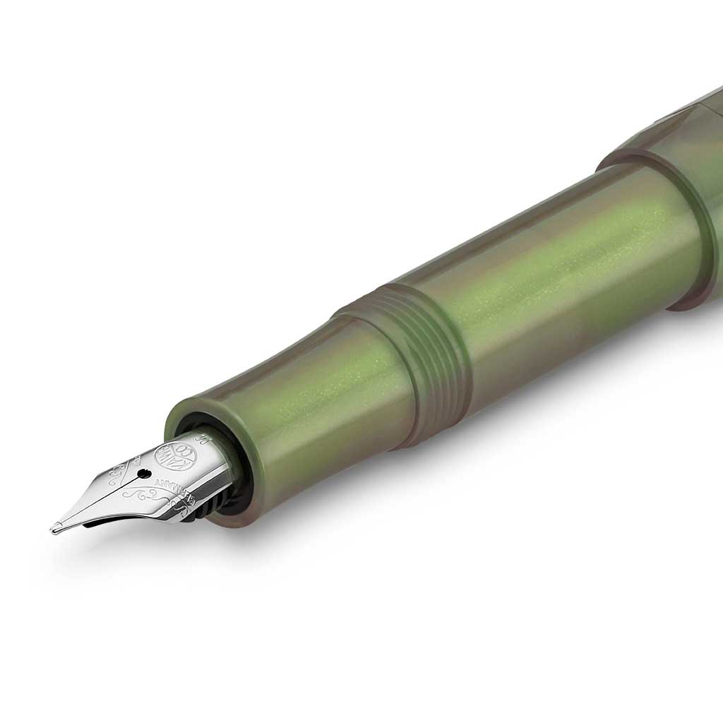 Dark shadow green fountain pen with iridescent finish and silver accents open on white background