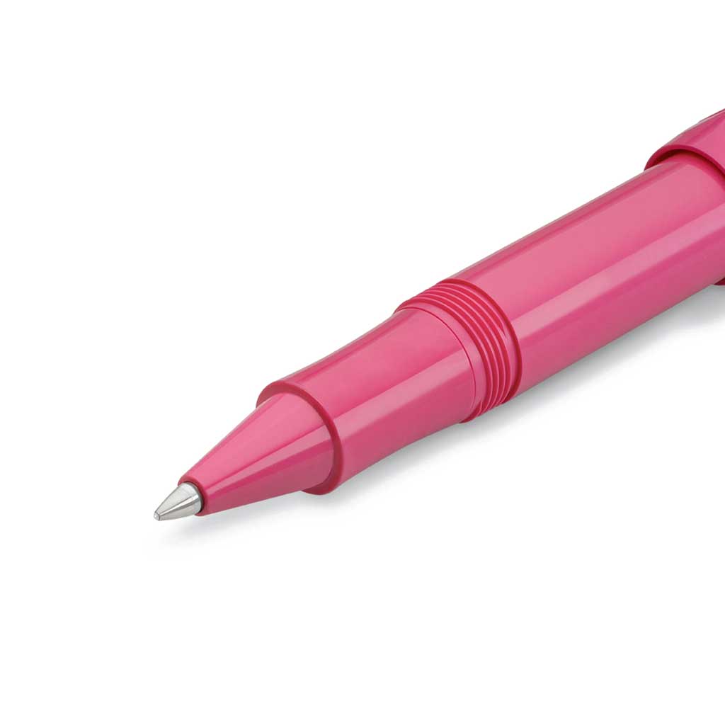 Pink gel rollerball pen on white background