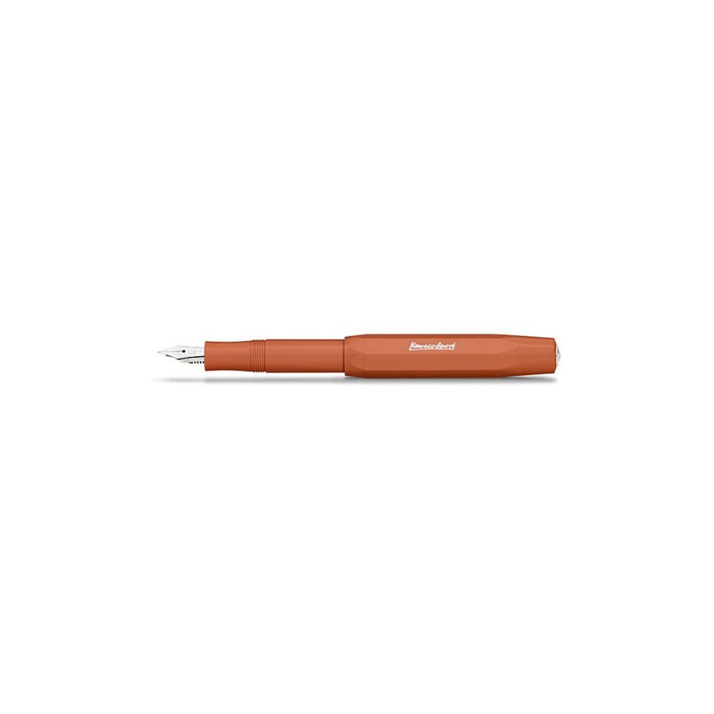 Orange fountain pen with silver nib on white background