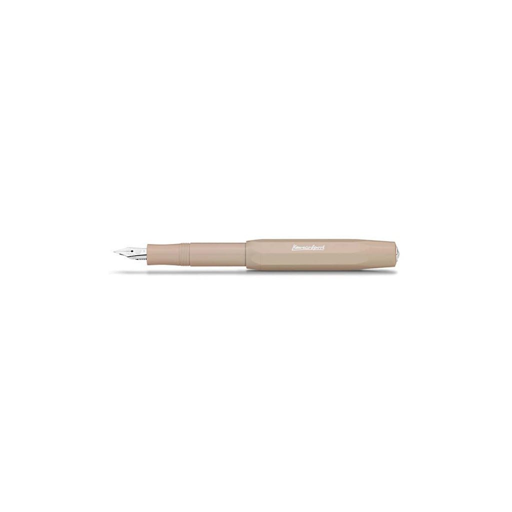 Beige pen with visible brand name on a white background