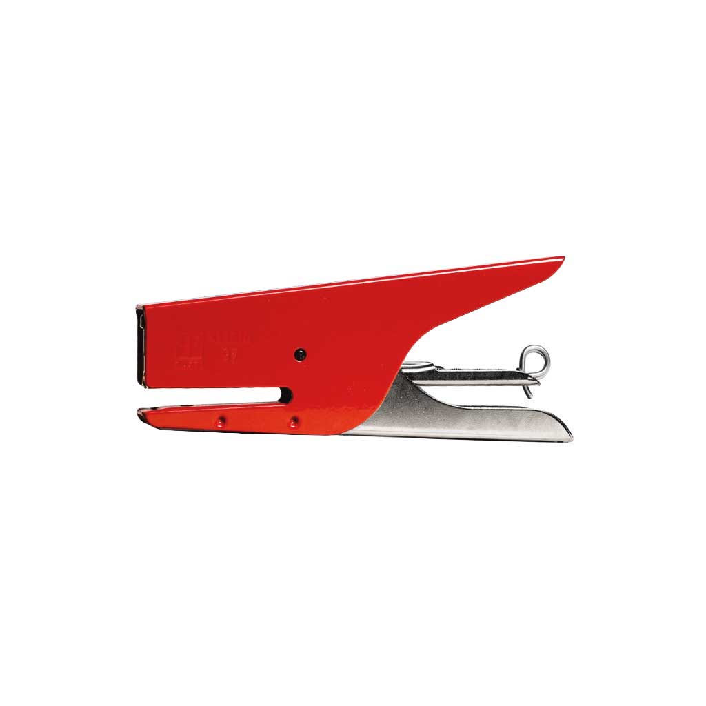 Red and silver handheld stapler on a white background