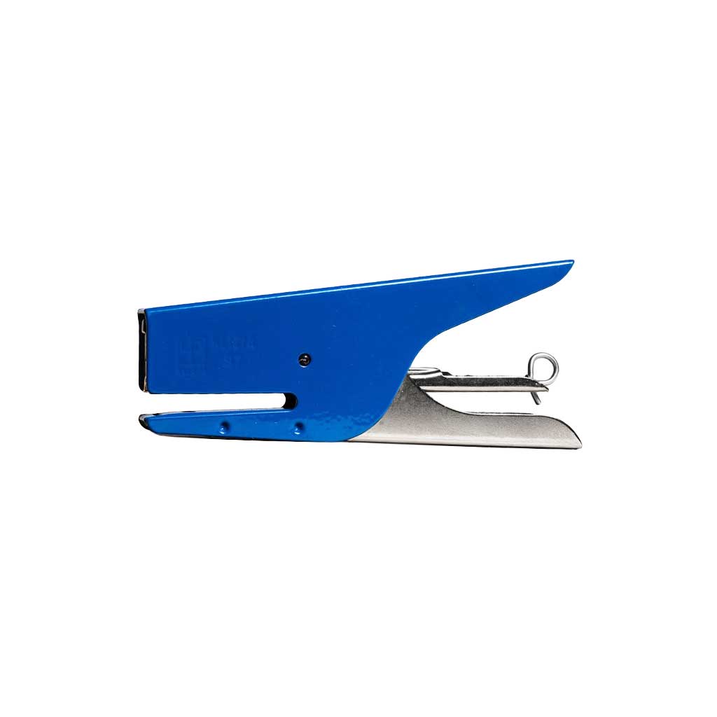 Blue and silver handheld stapler on a white background