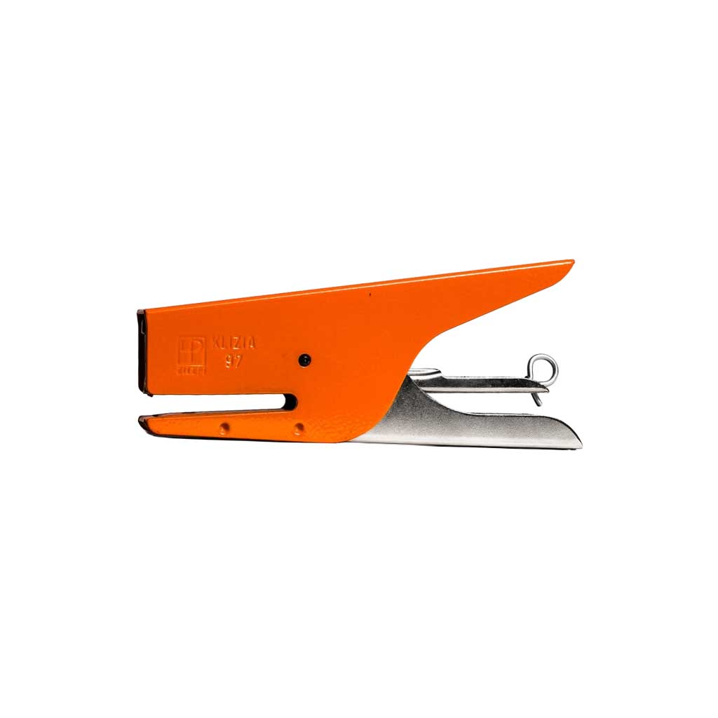 Orange and silver handheld stapler on a white background