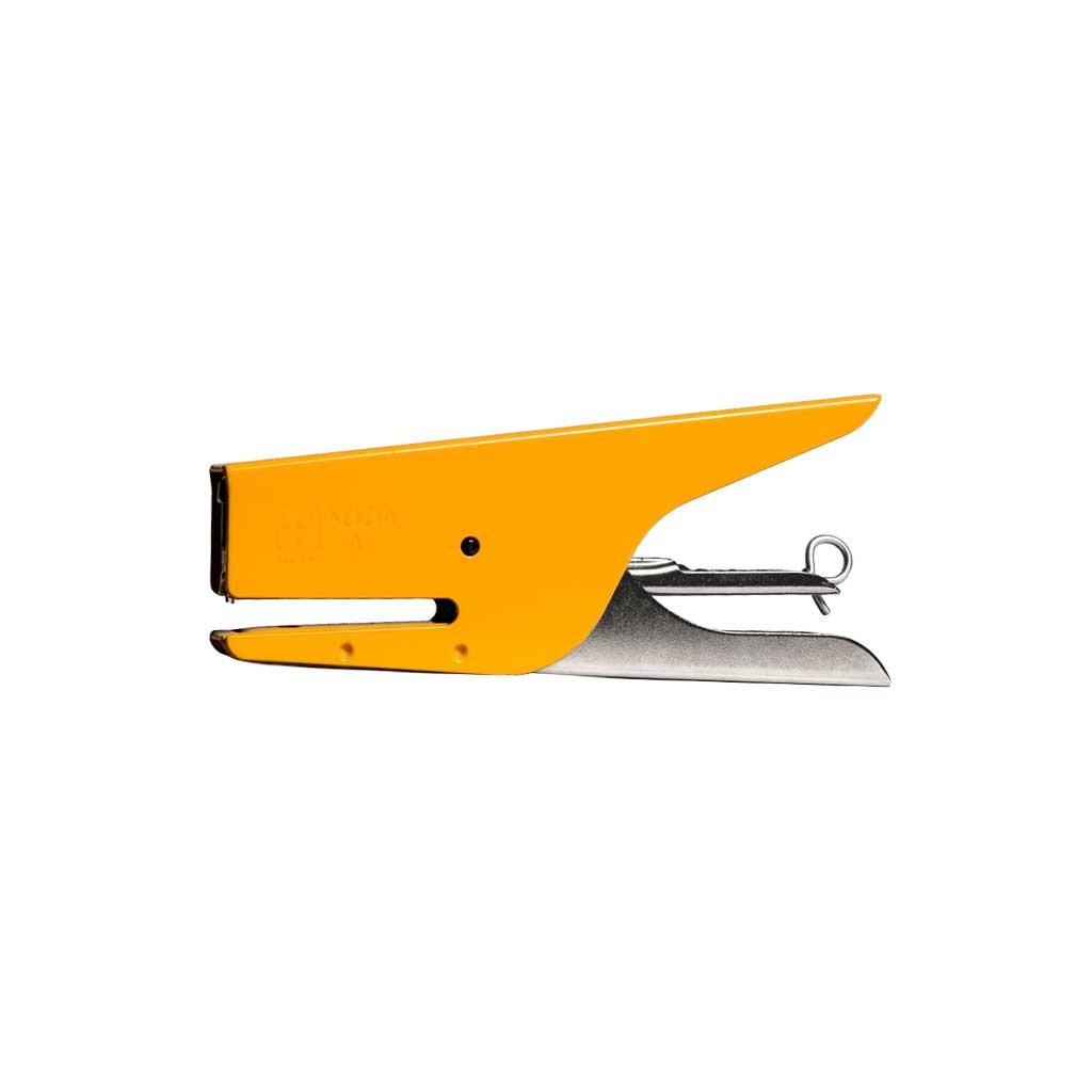 Yellow and silver handheld stapler on a white background