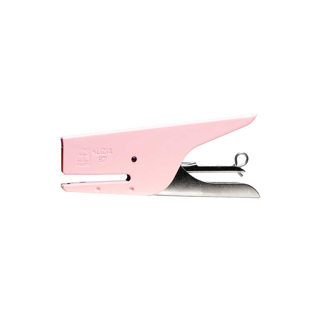 Light pink and silver handheld stapler on a white background