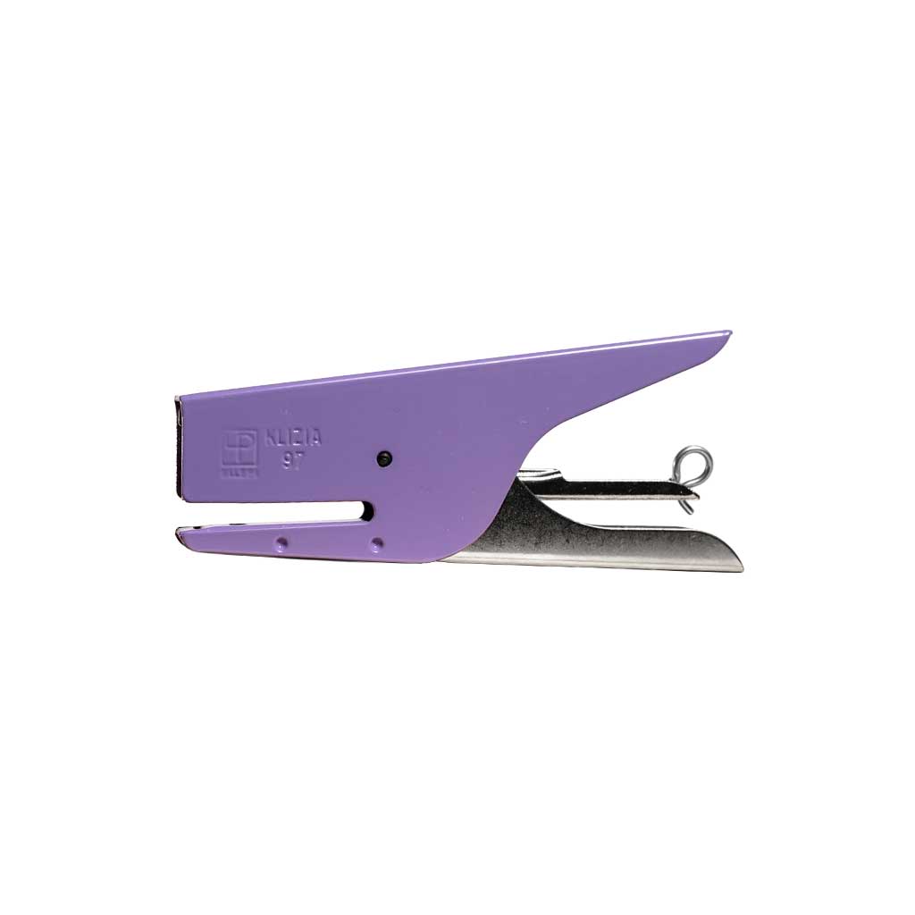 Purple and silver handheld stapler on a white background