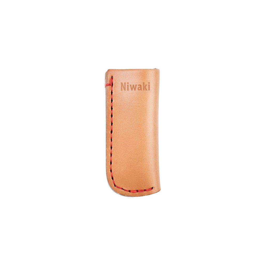 Beige leather knife sheath with red stitching and Niwaki branding on white background