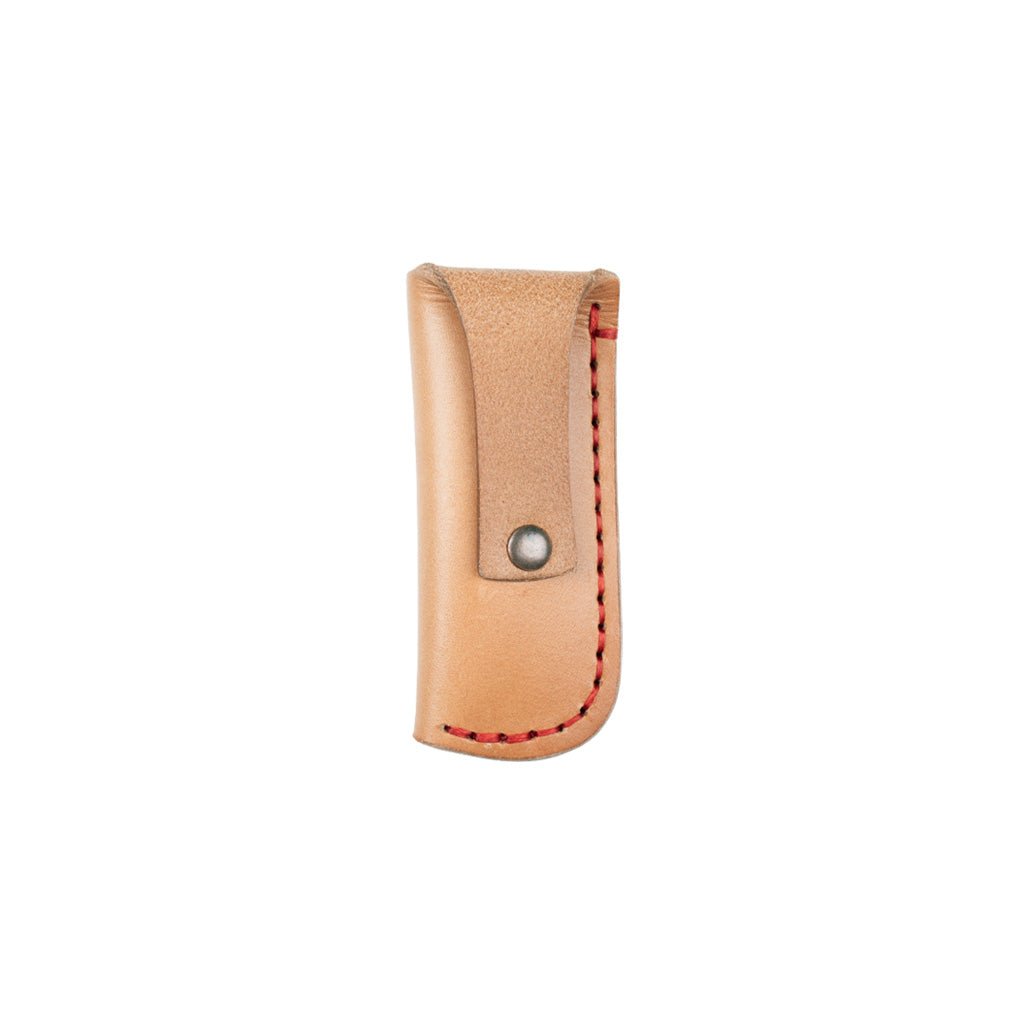 Beige leather knife sheath with red stitching on white background