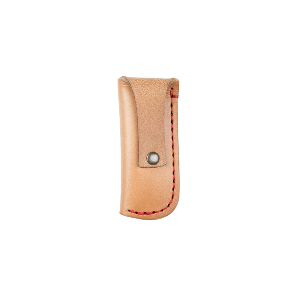Beige leather knife sheath with red stitching on white background