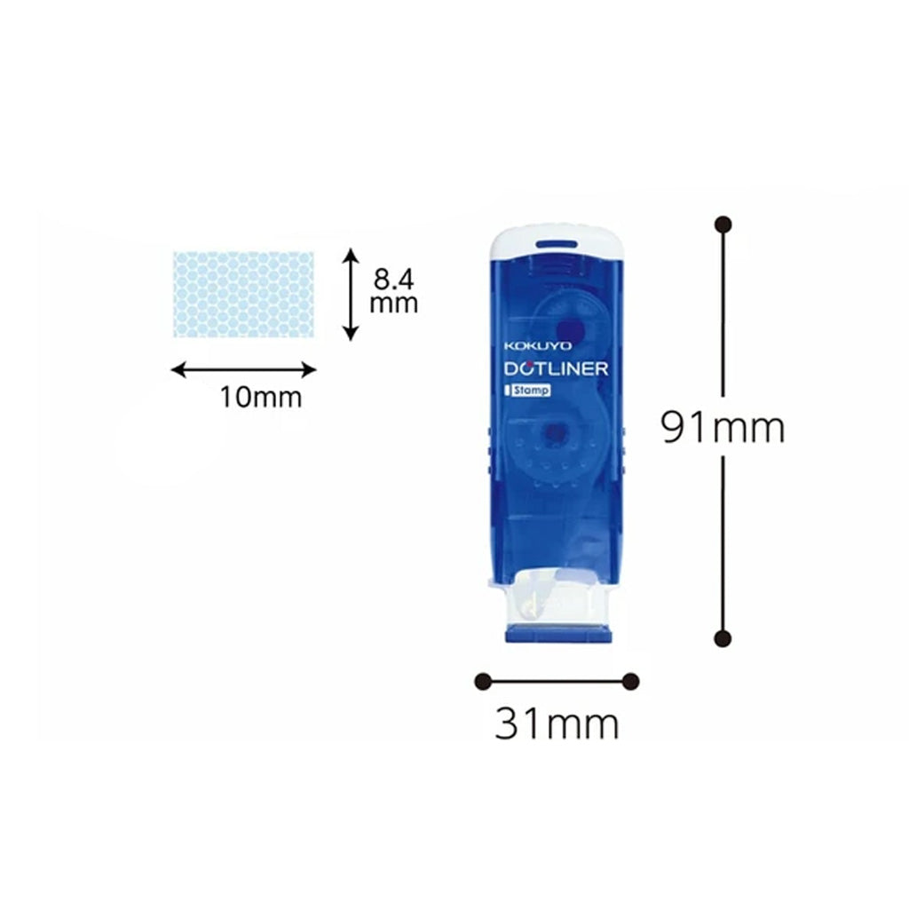 Blue Kokuyo Dotliner Adhesive Roller Stamp with white logo next to sample glue patch with measurements in millimeters on white background