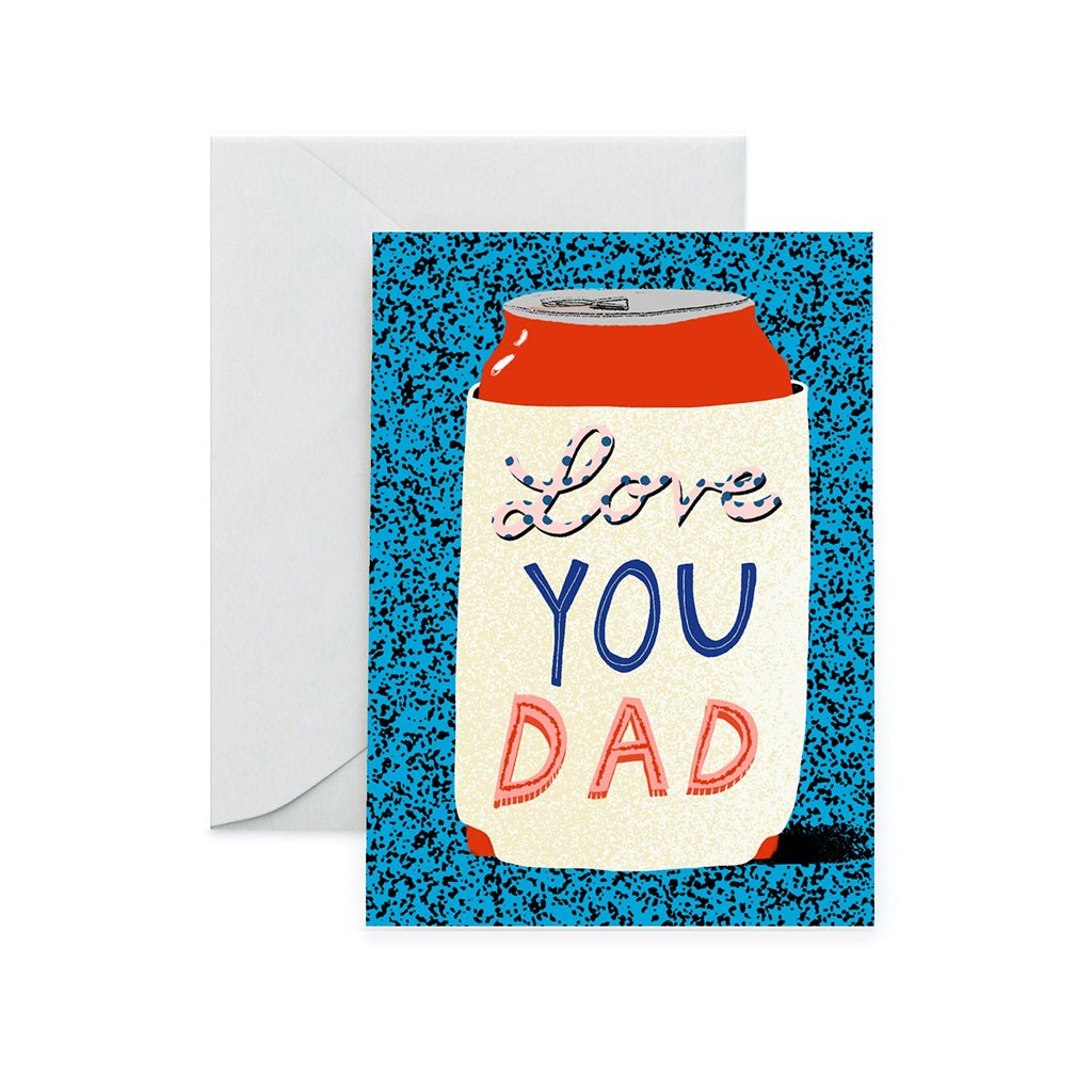 A greeting card with a design resembling a koozie and the text 'Love YOU DAD' on it, against a blue speckled background. An envelope is shown behind the card.