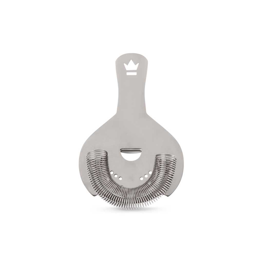 Metallic Koriko cocktail strainer with coil and straining holes on a white background