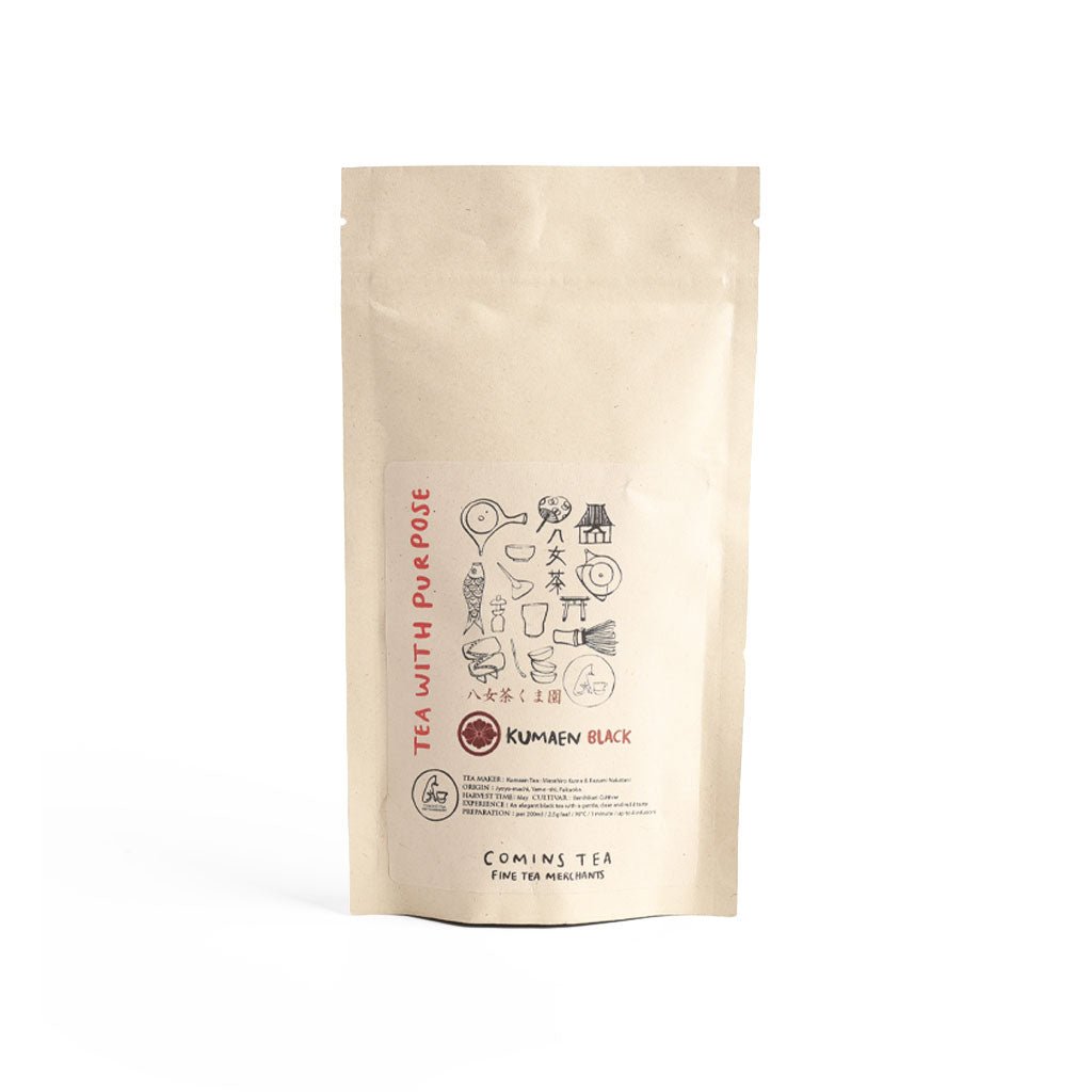 Kraft bag of Kumaen Black Tea from Comins Tea on white background