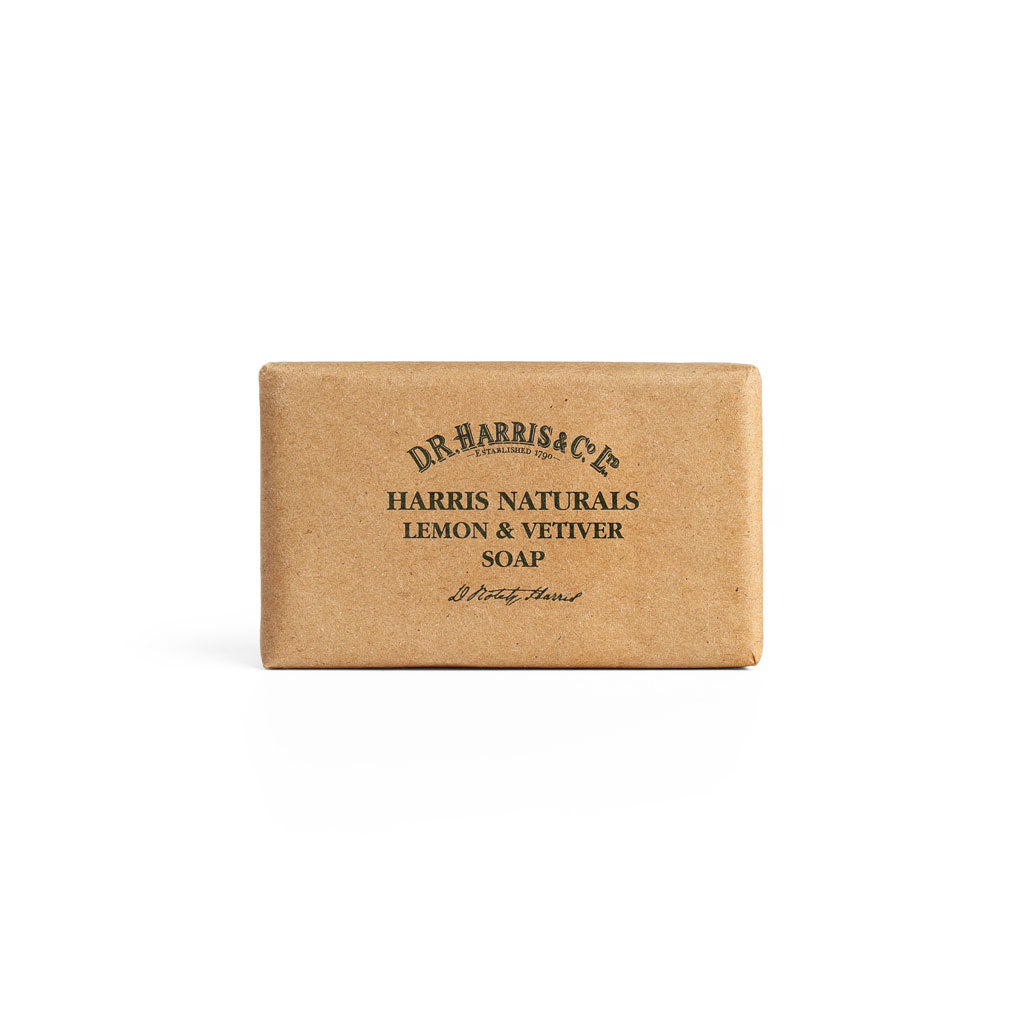 Bar of wrapped D. R Harris soap on a white background