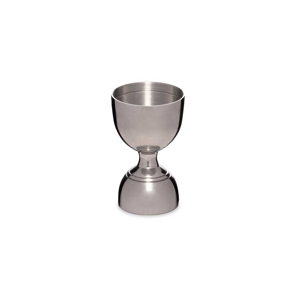 Stainless steel banded jigger on white background