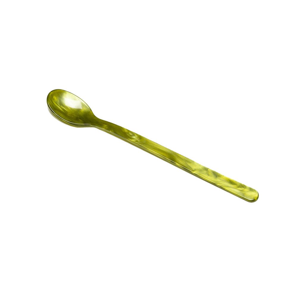 Olive green acrylic long drink spoon on white background