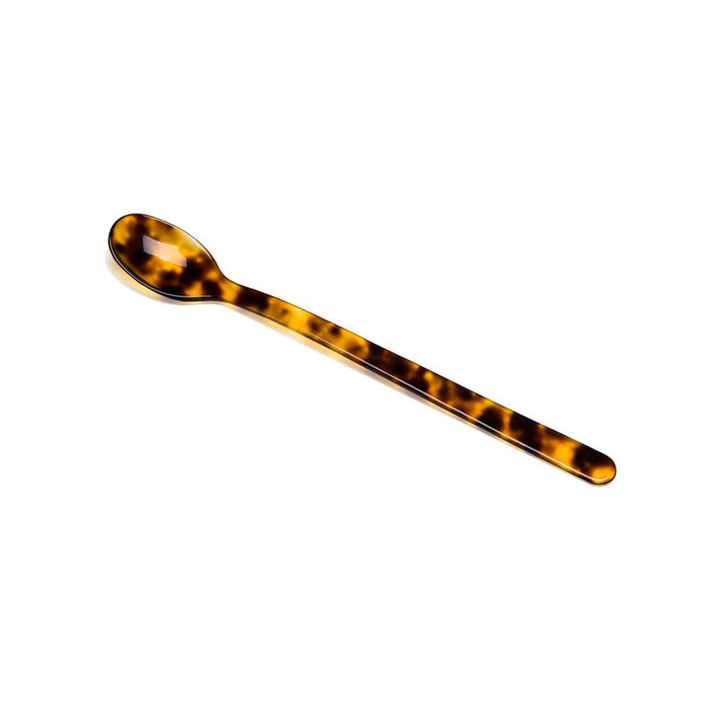 Tortoiseshell acrylic long drink spoon on white background