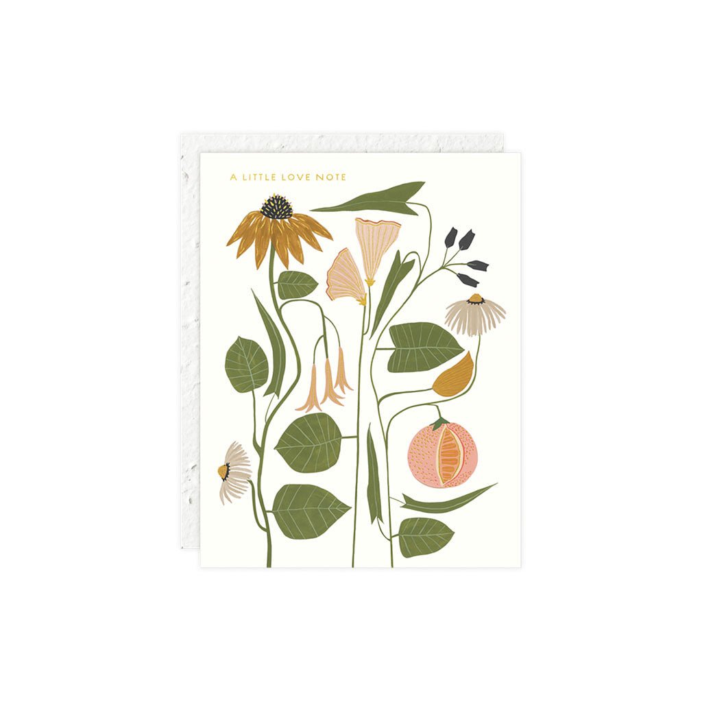 Greeting card with botanical drawing and text A Little Love Note