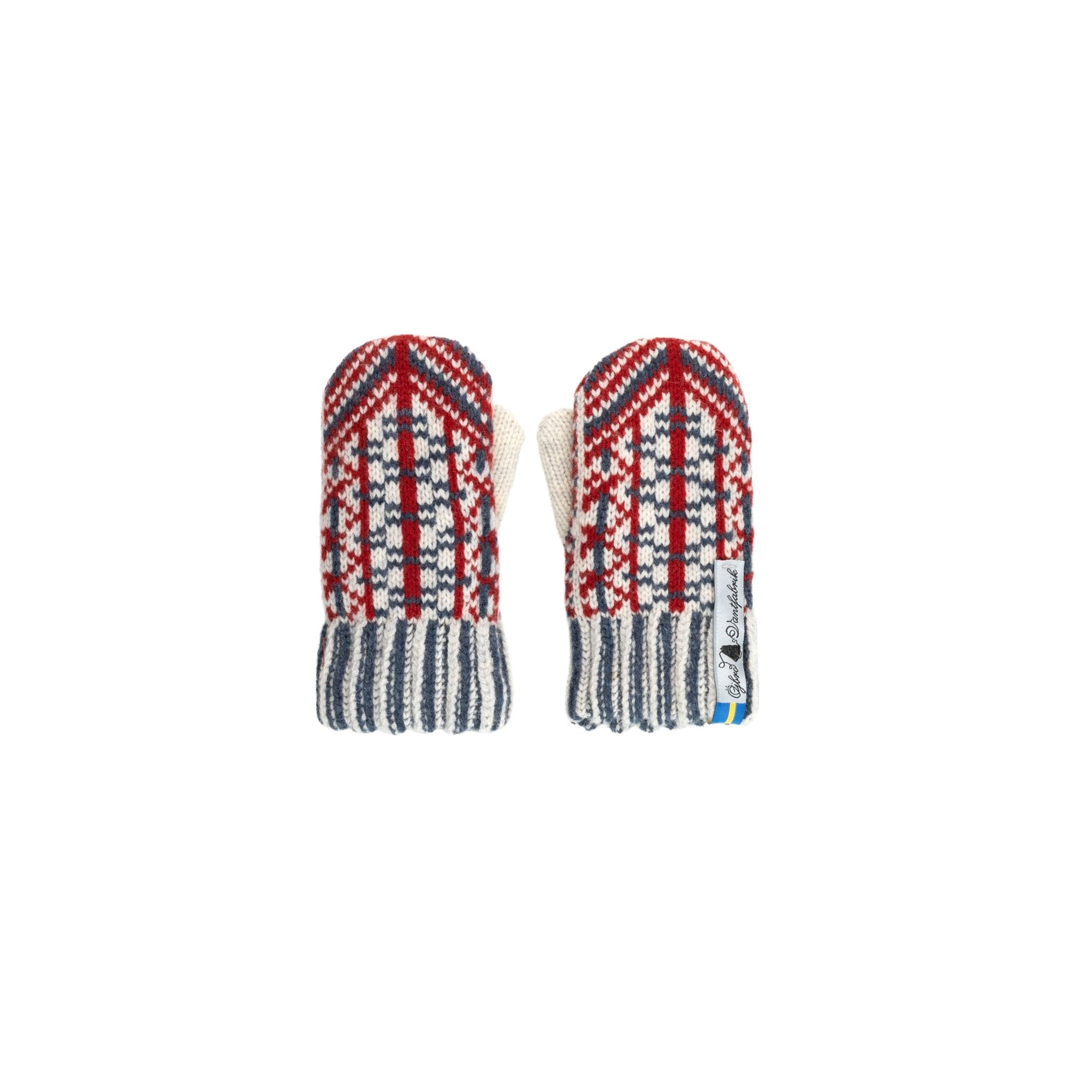 Pair of patterned mittens on a white background
