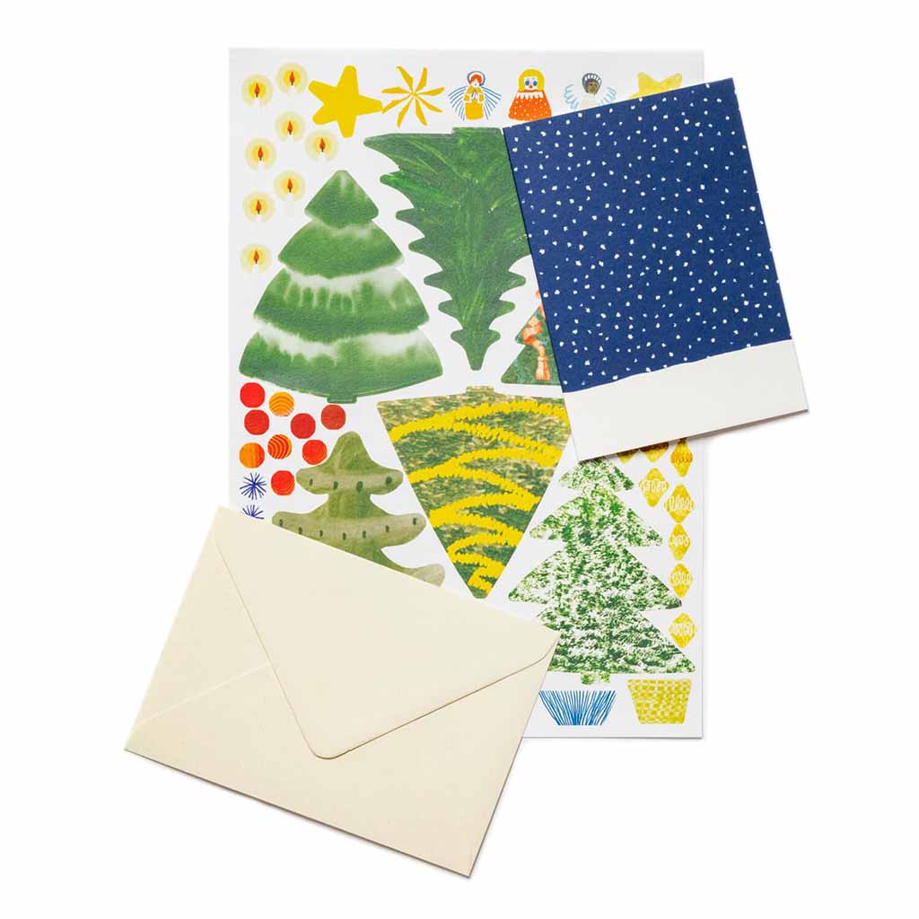 Set of greeting cards with Christmas tree design stickers and an envelope on a white background
