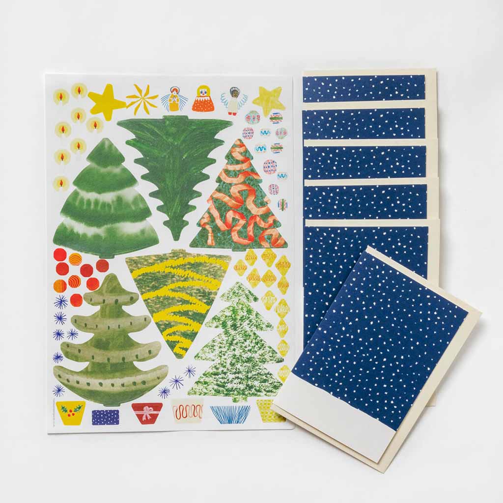 Set of decorative stickers with Christmas tree designs and greeting cards on a white background