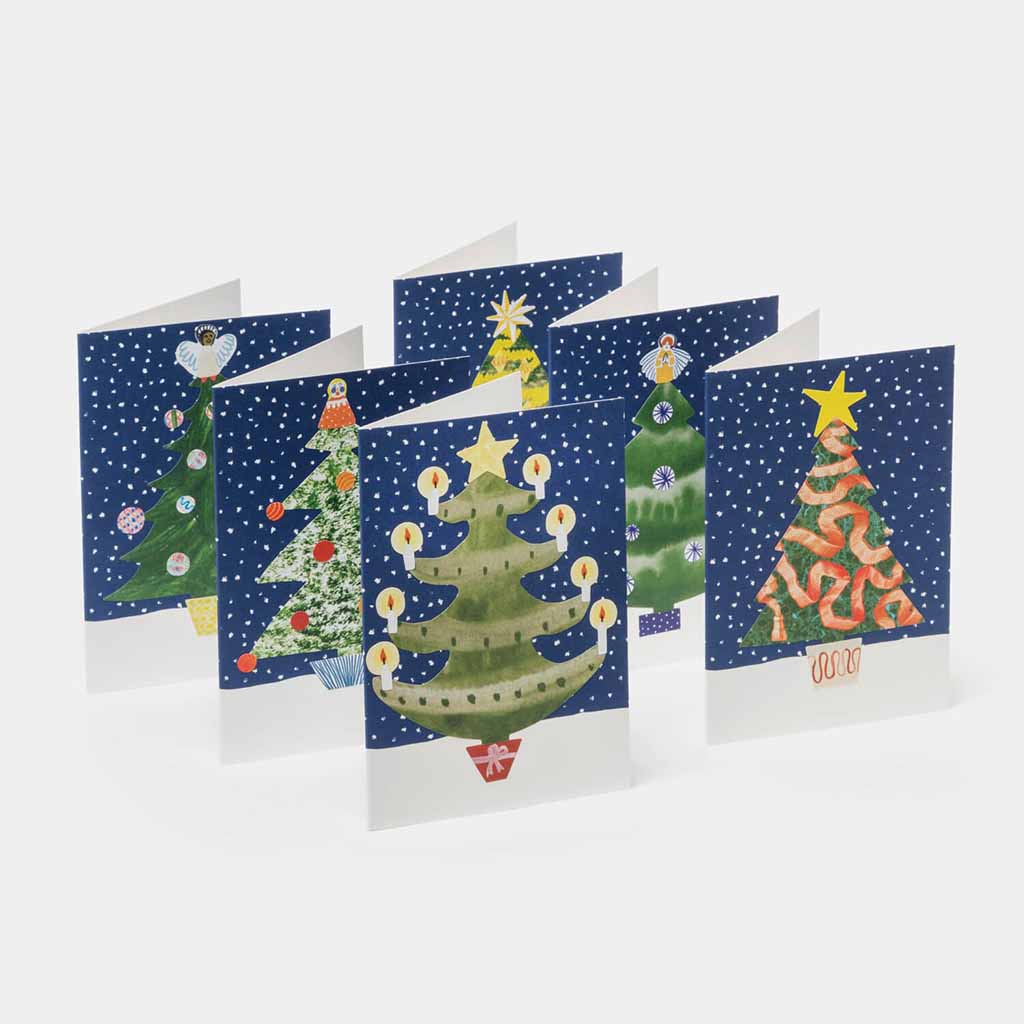 Set of six Christmas-themed greeting cards with trees and stars on a white background