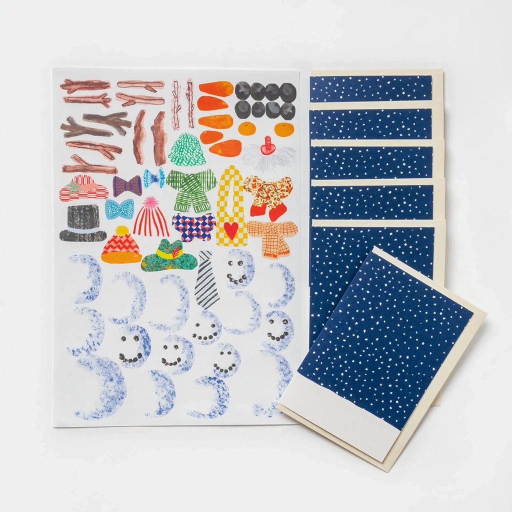 Set of colorful snowman stickers with various designs on a white background