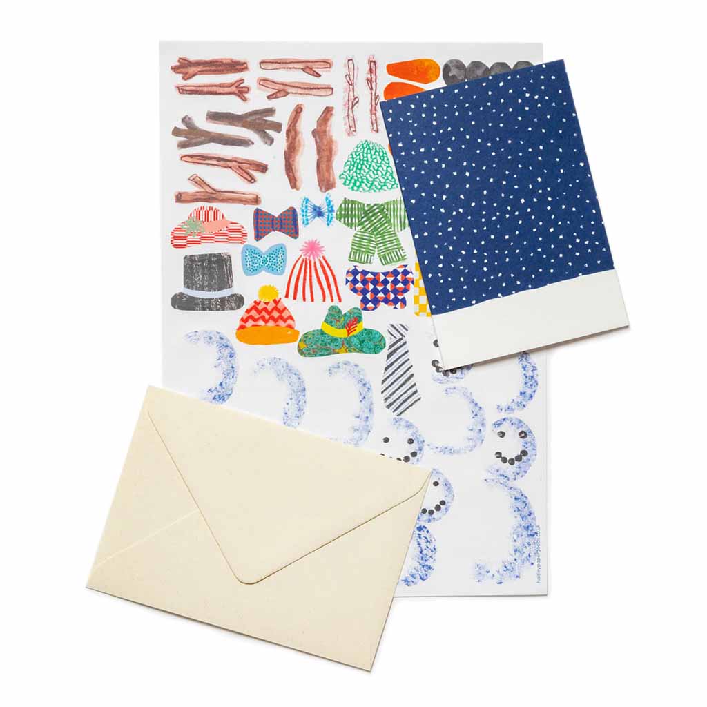 Set of DIY snowman greeting cards with various sticker designs including sticks, clothing, and accessories on a white background.