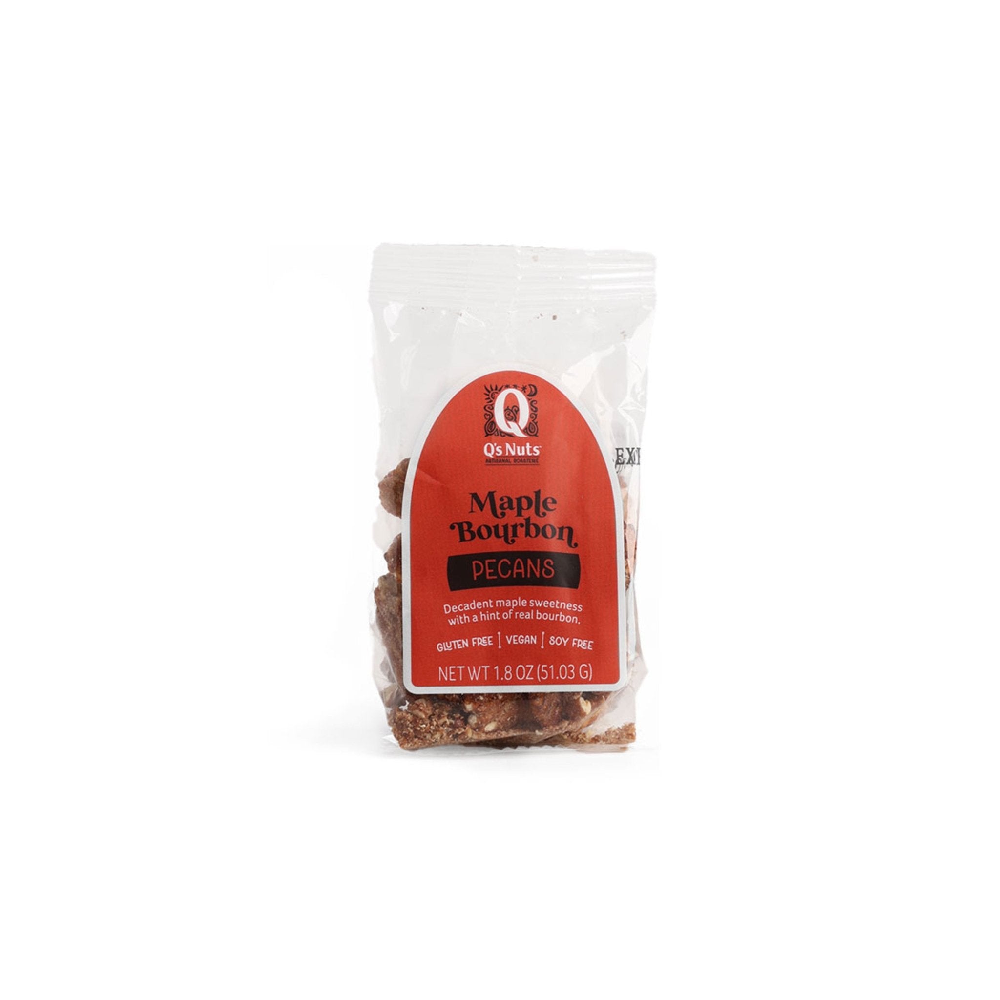 packaging of maple bourbon pecans on white background