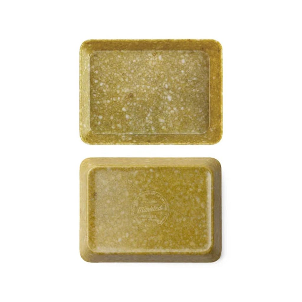 Two small mustard yellow marbled desk tray on white background