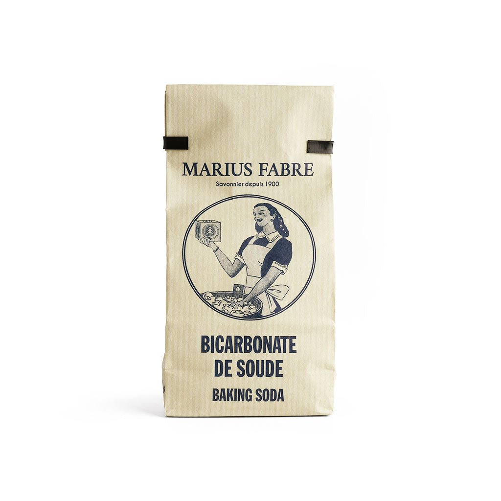 A vintage-style paper bag of Marius Fabre Baking Soda (Bicarbonate de Soude) on a clean white background.